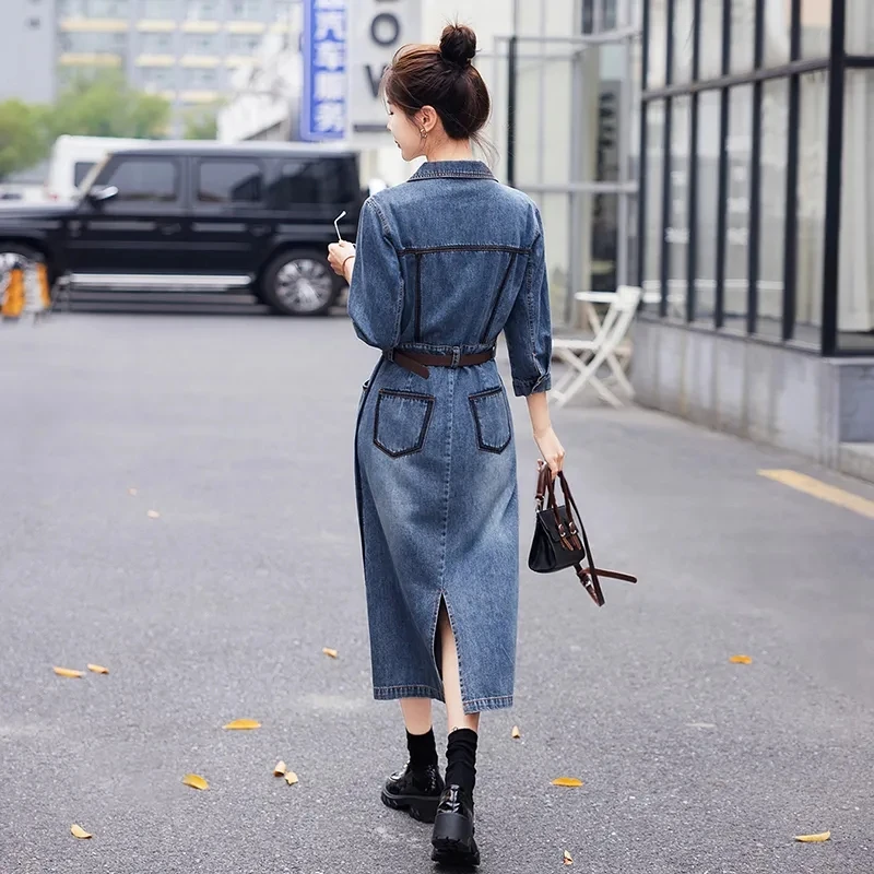 Denim Dress Women 2023 Spring New Age Reduction Fashion Versatile Jeans Dresses Female Large Size Seven Points Sleeve Long Skirt