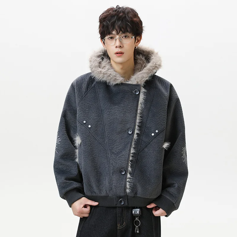 الشتاء الداخلية الفراء طوق مقنعين سترة الرجال الشارع الشهير خمر موضة فضفاضة عادية سميكة الدافئة قصيرة Bomber سترة صديقها معطف