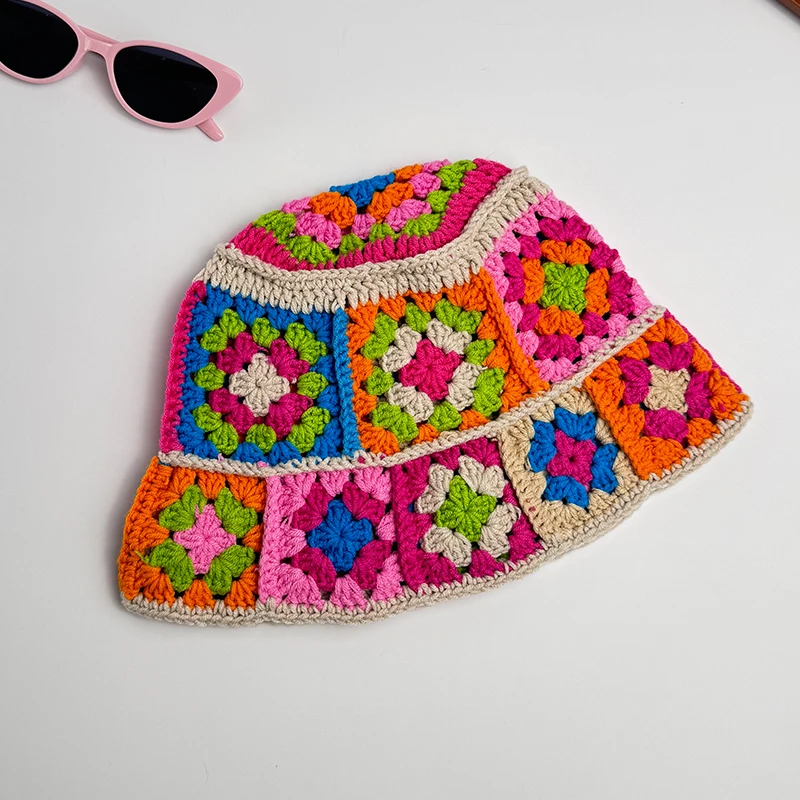 Handmade Crochet Bucket Hat Women Autumn Winter Flower Knit Beanies INS Korean Casual Beanies Panama Cap Fisherman Hat view 5