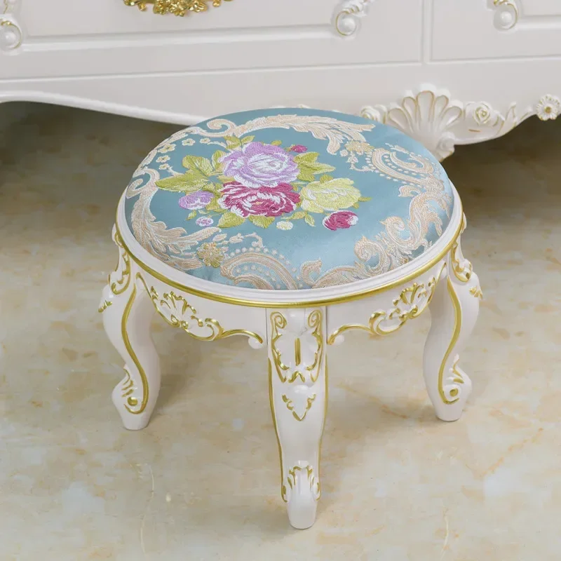 

Living Room Shoe Stool Chair Vintage Luxury Round Shoe Ottoman Bedroom Sofa Side Carved Flower Small Chairs Home Furniture