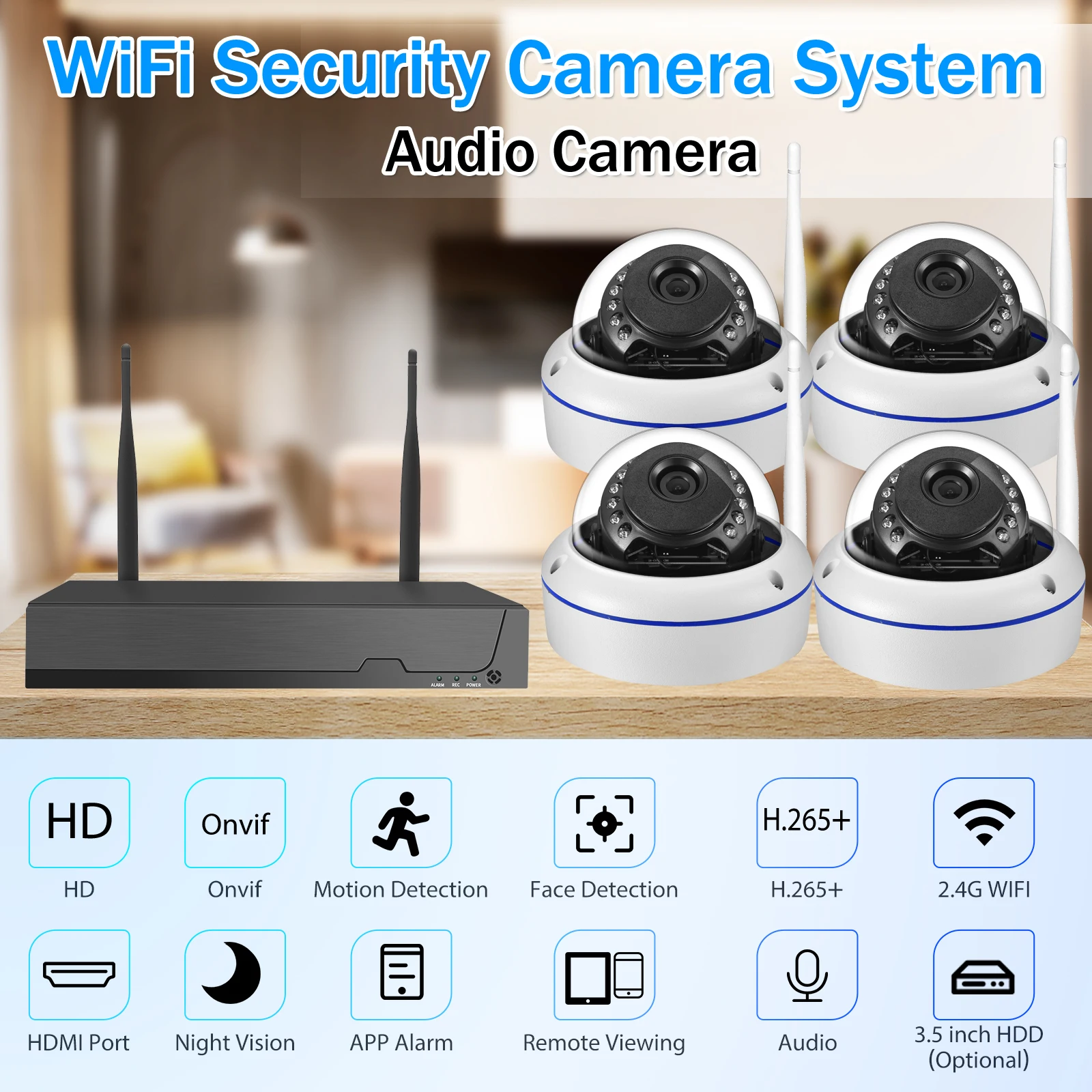 Gadinan Face Detection Wireless CCTV System NVR 3MP WiFi Camera Kit Audio Outdoor Security IP Cameras Video Surveillance Set