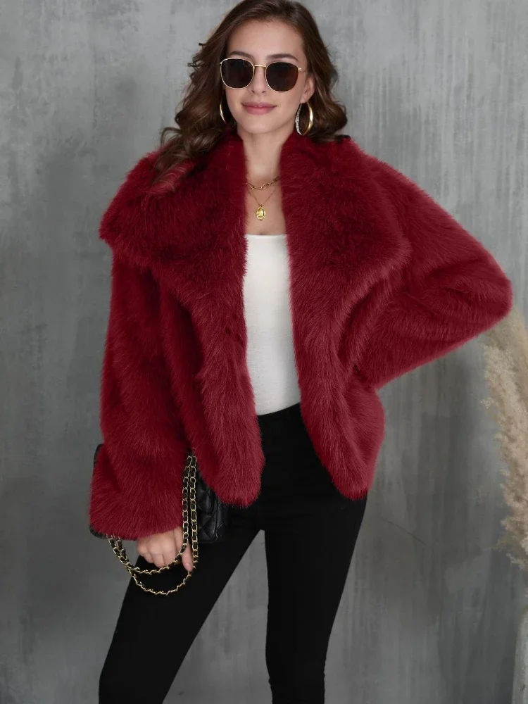 Luxury Autumn Winter Warm Lapel Fur Coat Women Fuzzy Fluffy Short Faux Fur Jacket Design Loose Chic Outerwear Black White Red