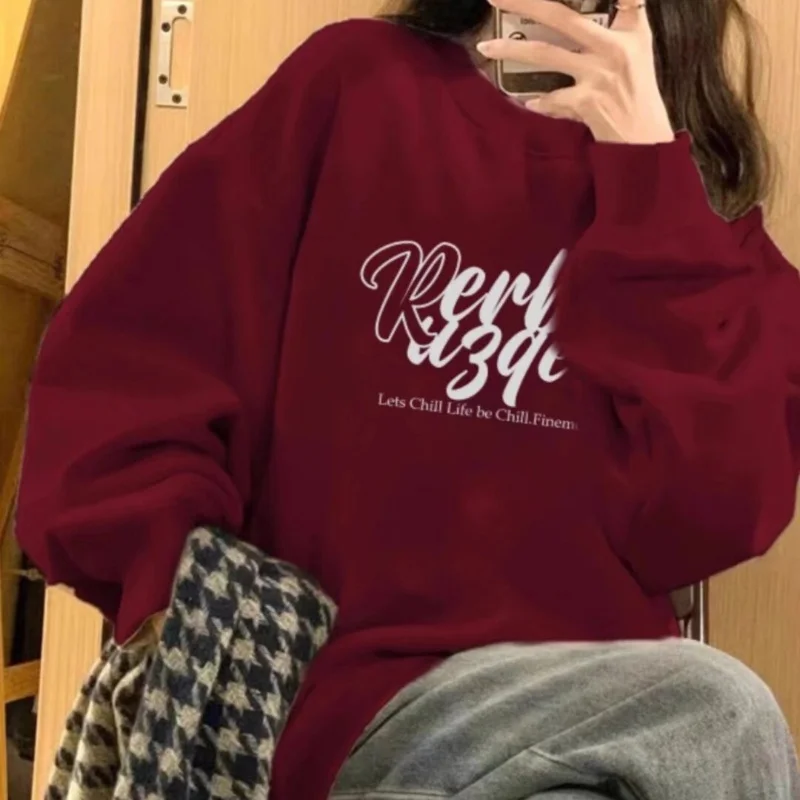 High Quality Wine Red Letter Printing Hoodies 2023 New Round Neck Loose Sweatshirts Women Pullovers Graphic Hoodies Women's Tops