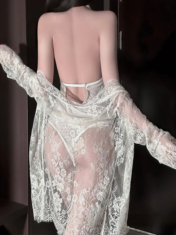 

plus size Sexy porno lingerie Hanging neck print See-through Bare back tight fitting bodysuit Lace outer robe accessories hot