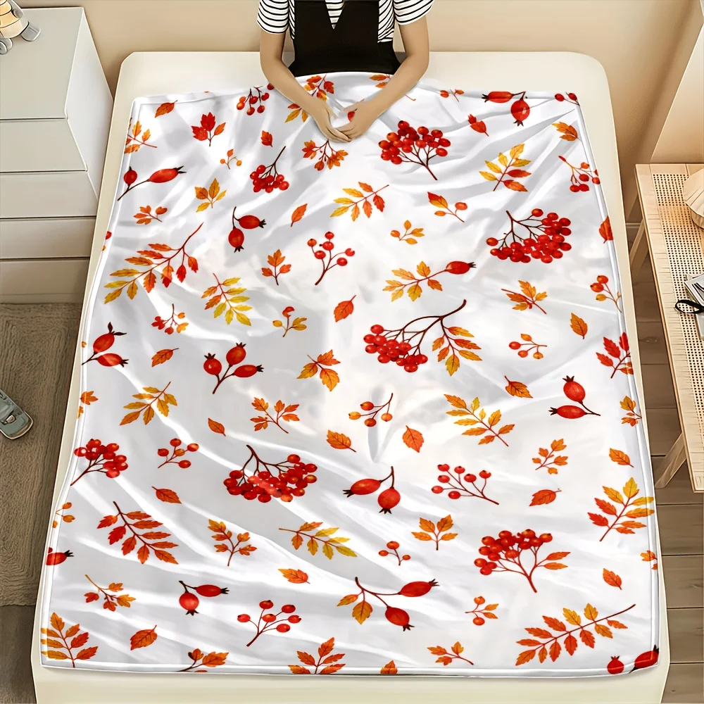 1pc Autumn Red Berry Leaves Flannel Blanket, Soft Warm Comfort, 280GSM Heavy, Multi-Size Option, Machine Washable, for Bedroom Sofa Home Decor Office Dorm & Car, Cozy Winter Throw, Ideal Gift Choice.