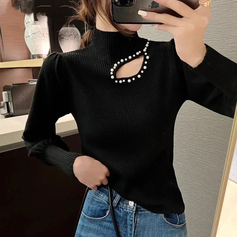 Autumn Winter New Fashion Elegant Women's Half High Collar Hollow Out Rivet Advanced Sense Puff Sleeve Commuter Sweaters Tops