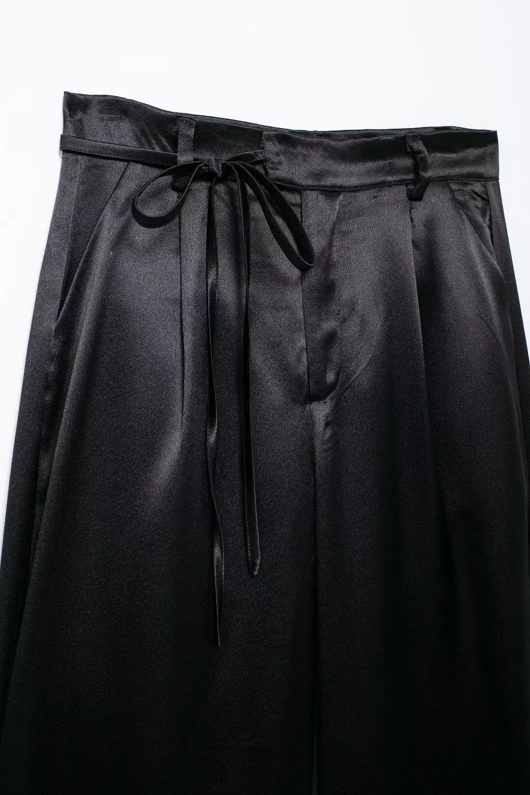 TRAF 2024 Satin Wide Leg Pants for Women Black High Waist Women Pants Bow Summer Baggy Pants Woman Office Pleated Woman Trousers