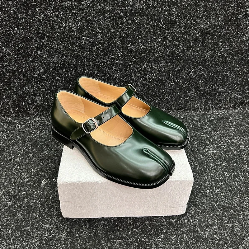 

Tabi Mary Janes Flats Spilt Toe Shoes Black Green Loafer Buckle Pumps Leather Shoes For Women