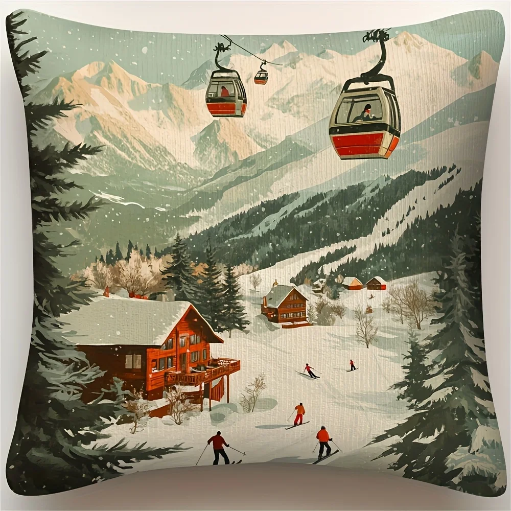 Winter Ski Resort Pillow Covers - Swiss Alps Double-Sided Print Polyester Zipper Machine Washable Xmas New Year Decor