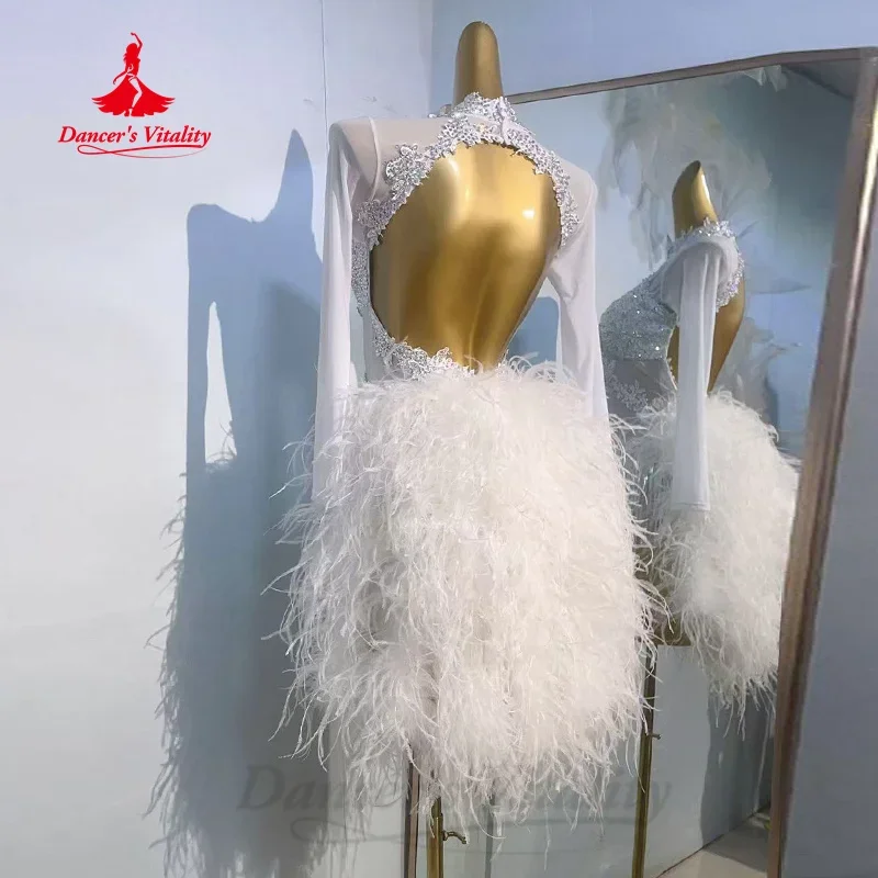 Latin Dance Costume High End Customized Luxury Rhinestones Tassel Feather Dress Women\'s Samba Rumba Tango Performance Clothing