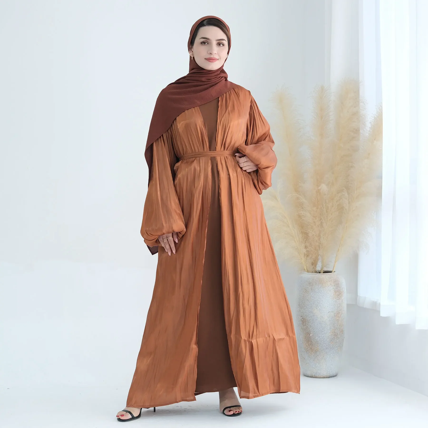 Sukienka muzułmańska damska Kaftan Abaya Dubai Puff Sleeve Cardigan Abayas dla kobiet Femme Caftan Marocain Qatar Islam Clothing Vestidos