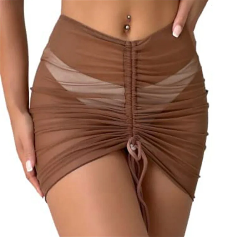 Sexy Women Mesh Shirring Micro Mini Skirt Sheer See Through Bandage Short Skirts Lift Butt Fashion Ladies Club Outfits Skirt