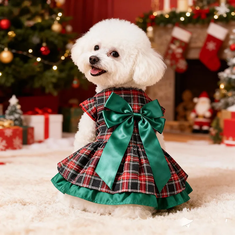 Classic Red Plaid Christmas Dog Skirt Preppy Style with Bright Green Satin Bow Soft Polyester Fabric Perfect for Party Photos