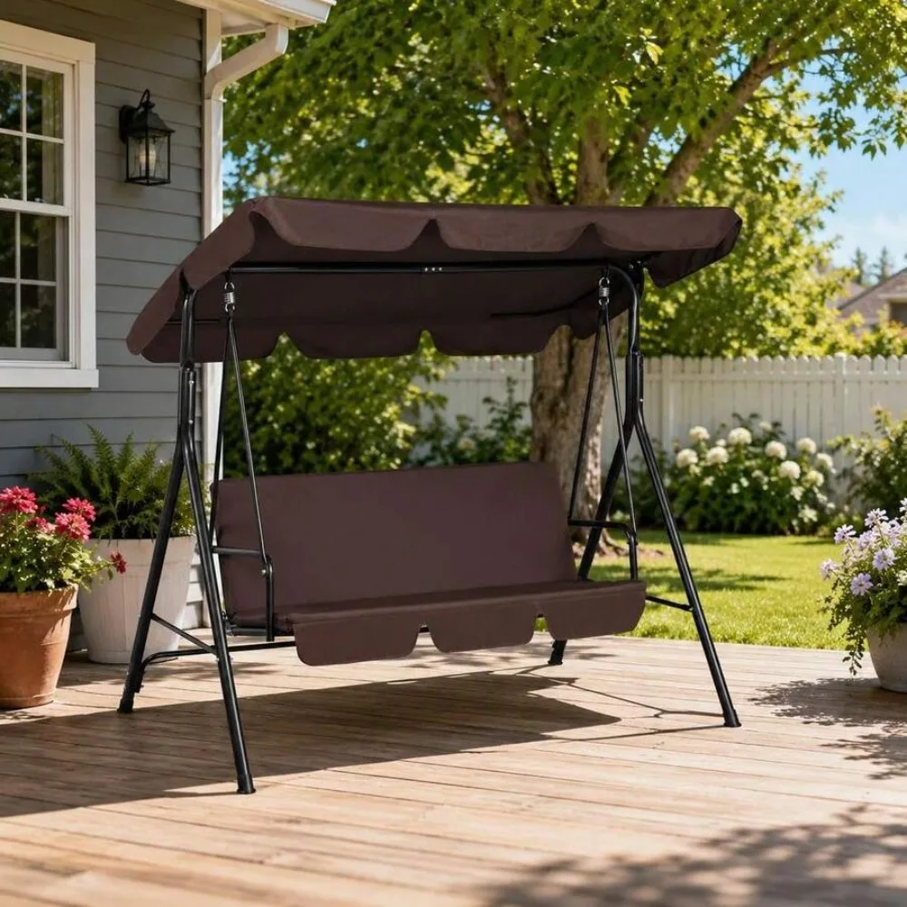 Outdoor Patio Swing Chair 3 Seat Heavy Duty Glider Swing with Adjustable Tilting Canopy and Thick Cushions, 550 Lb Capacity Weather Resistant Fabric, Anti-Slip Pads, Sturdy A-Frame for Garden Deck Balcony, Dark Brown
