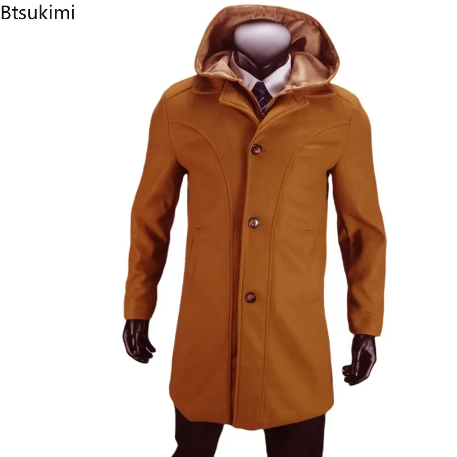 New 2025 Men's Autumn Winter Warm Woolen Jackets Fake Two Pieces Hooded Trench Coats Single Breasted Windbreaker Jackets Male