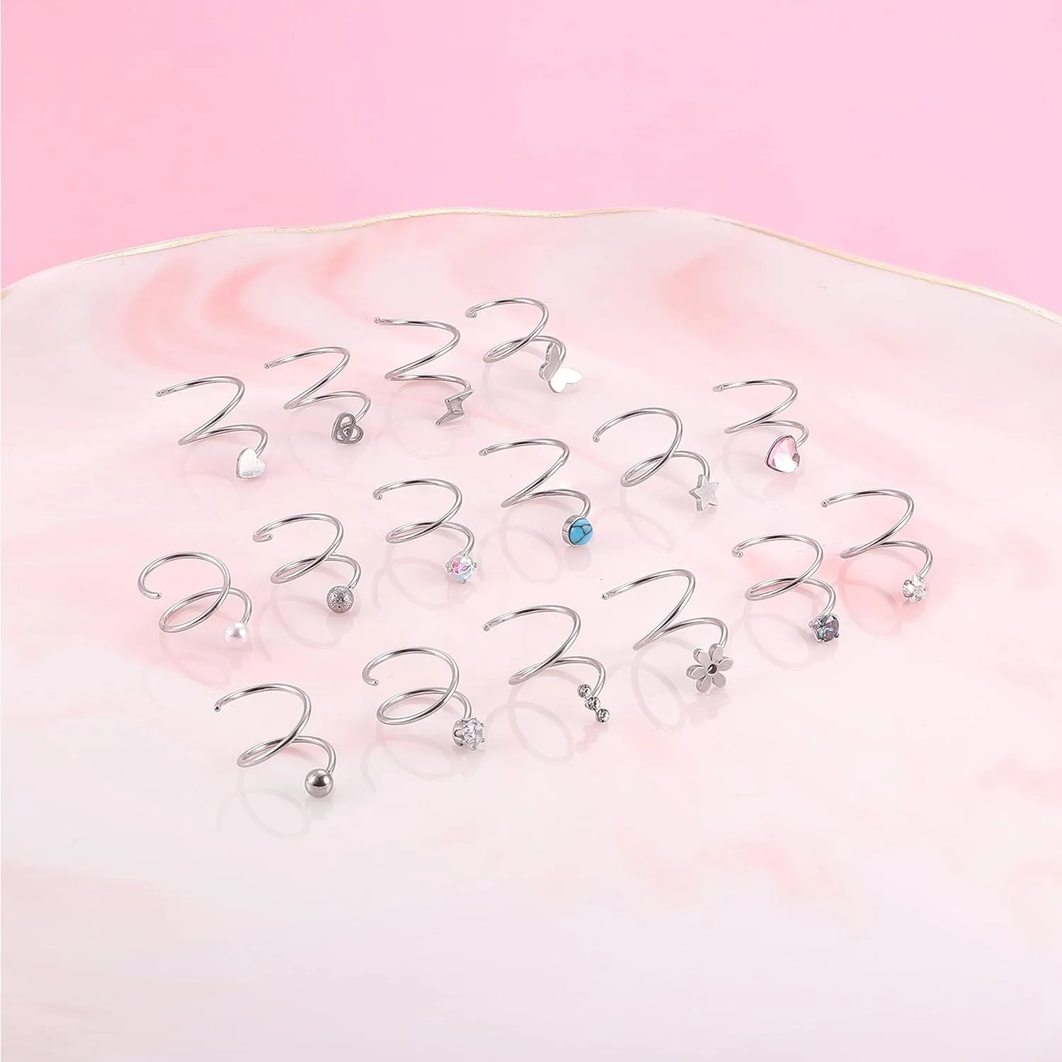 

Bobisty 16Pcs Double Nose Ring Hoop Set for Women 20G Stainless Steel Spiral Star Pearl CZ Butterfly Nose Ring Piercing Jewelry