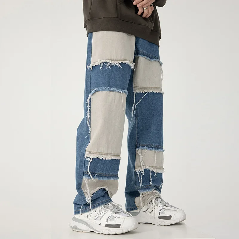 Men's Rakish Harajuku Style Loose Fringed Hip-hop Long Pants, European and American Color-blocked Thin Men's Jeans.