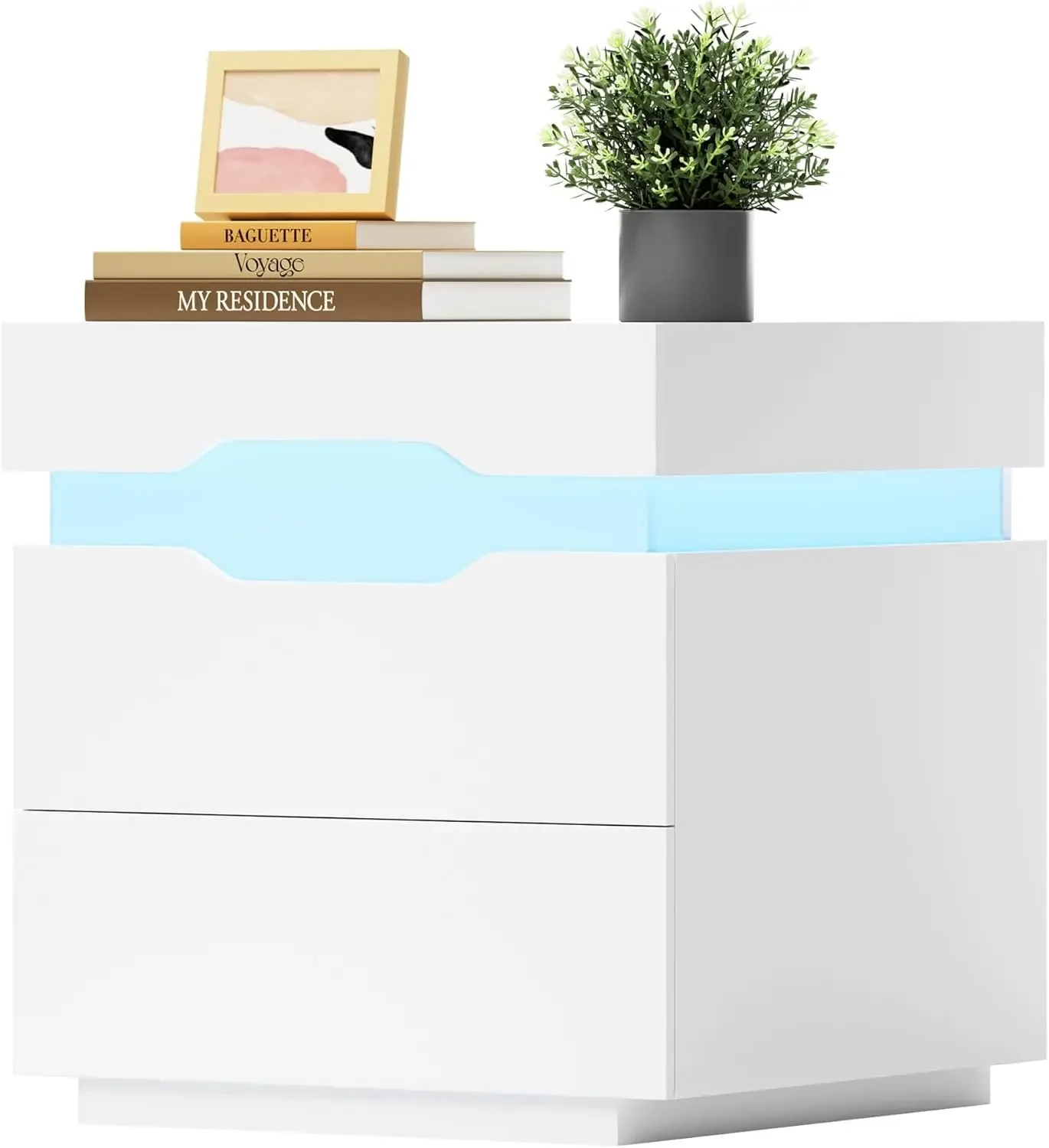 LED Nightstand with Charging Station, End Table with Drawers, Night Stand Bedside Table with Sliding Top for Bedroom , White