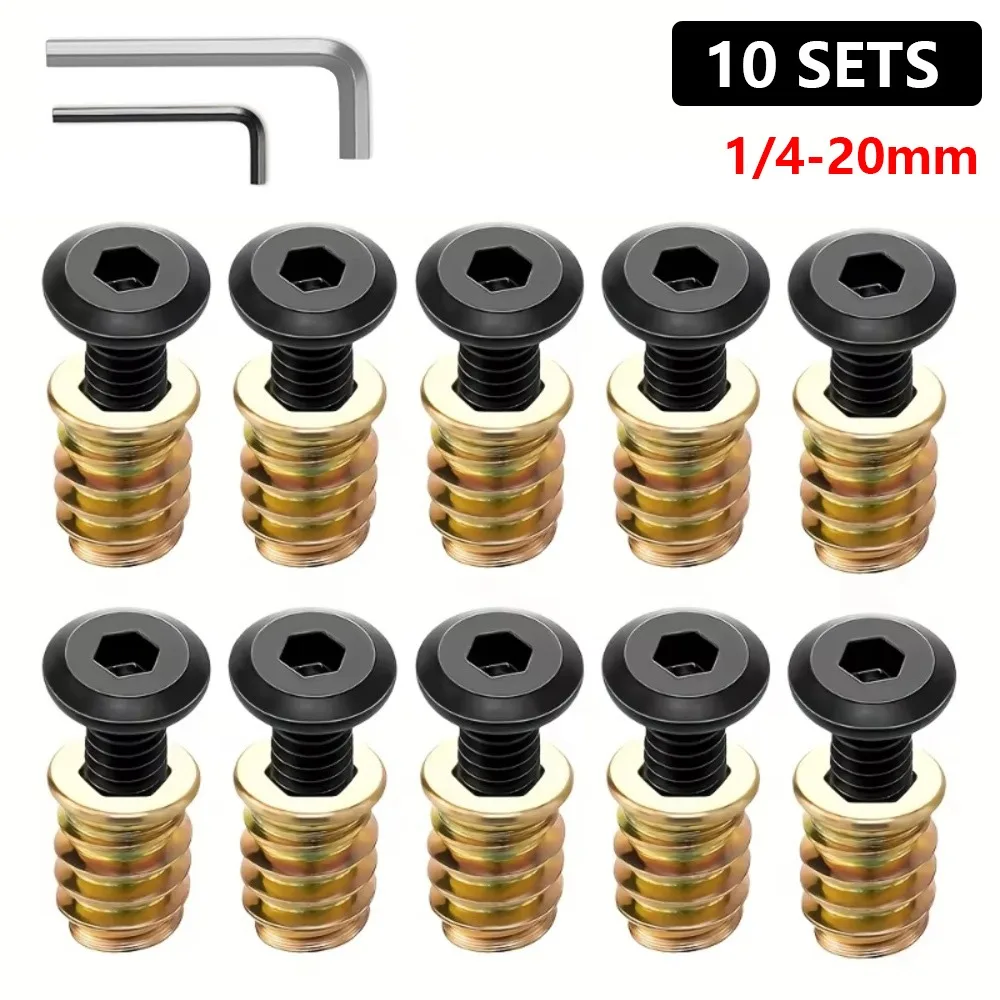 10Sets 1/4-20mm Threaded Inserts Tool Kit Black and Golden Plain Carbon Steel Nut Threaded Inserts Hexagon Drive