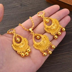 Ethnic Women Big Gold Color Dangle Africa Earrings Pendant Golden Braidal Jewellery Set