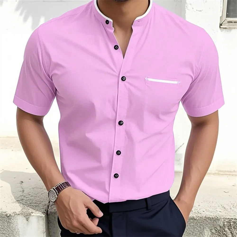 Men's Light Color Simple Business Casual Solid Color Embellishment Lapel Button Short-sleeved Shirt Slim Vacation Casual Top