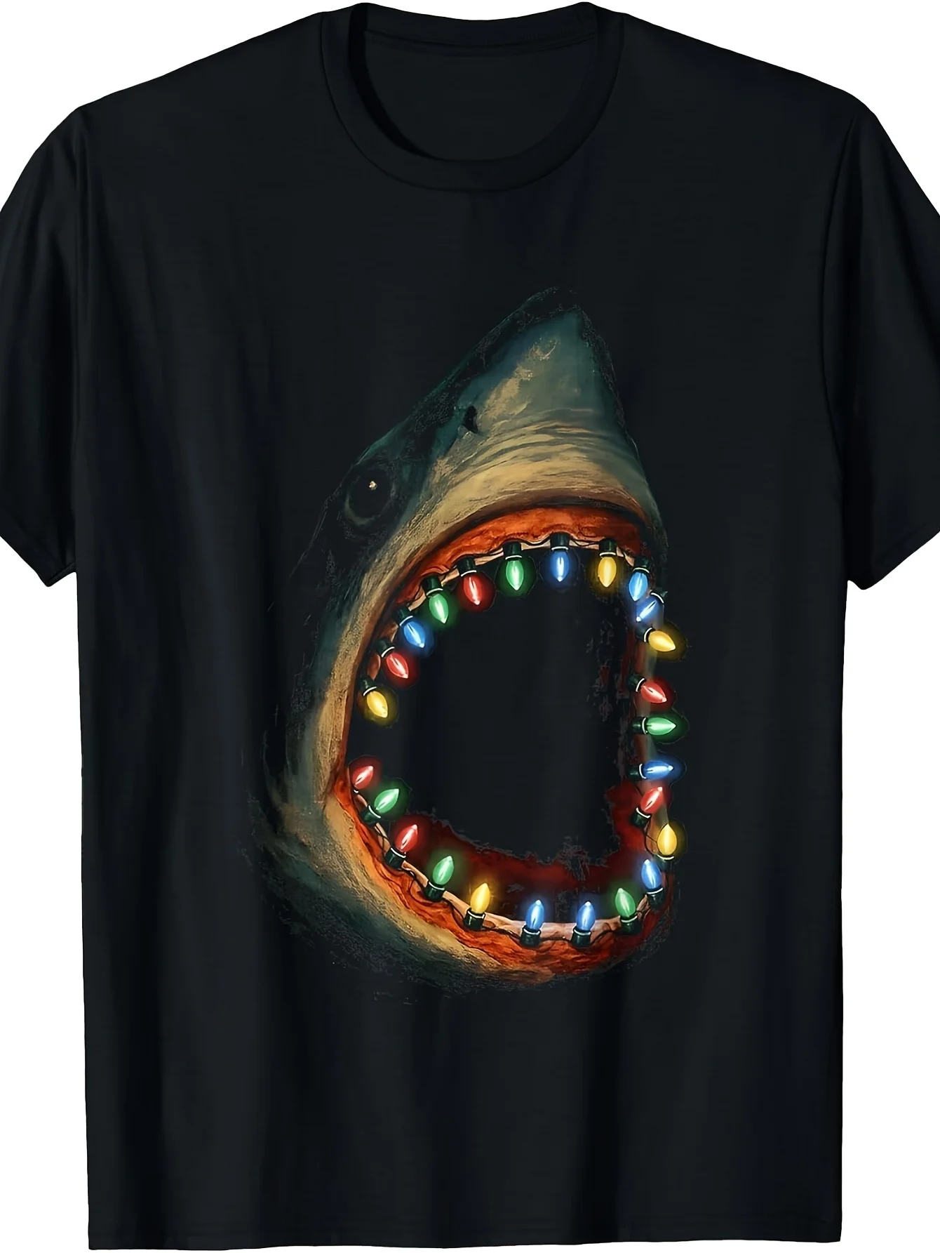 Funny Shark Teeth Christmas Lights T-Shirt - Retro Shark Tooth with Suitable for - Casual Wear & Themed Parties, Machine Washable Graphic Tee for Year-Round Comfortable Outfits