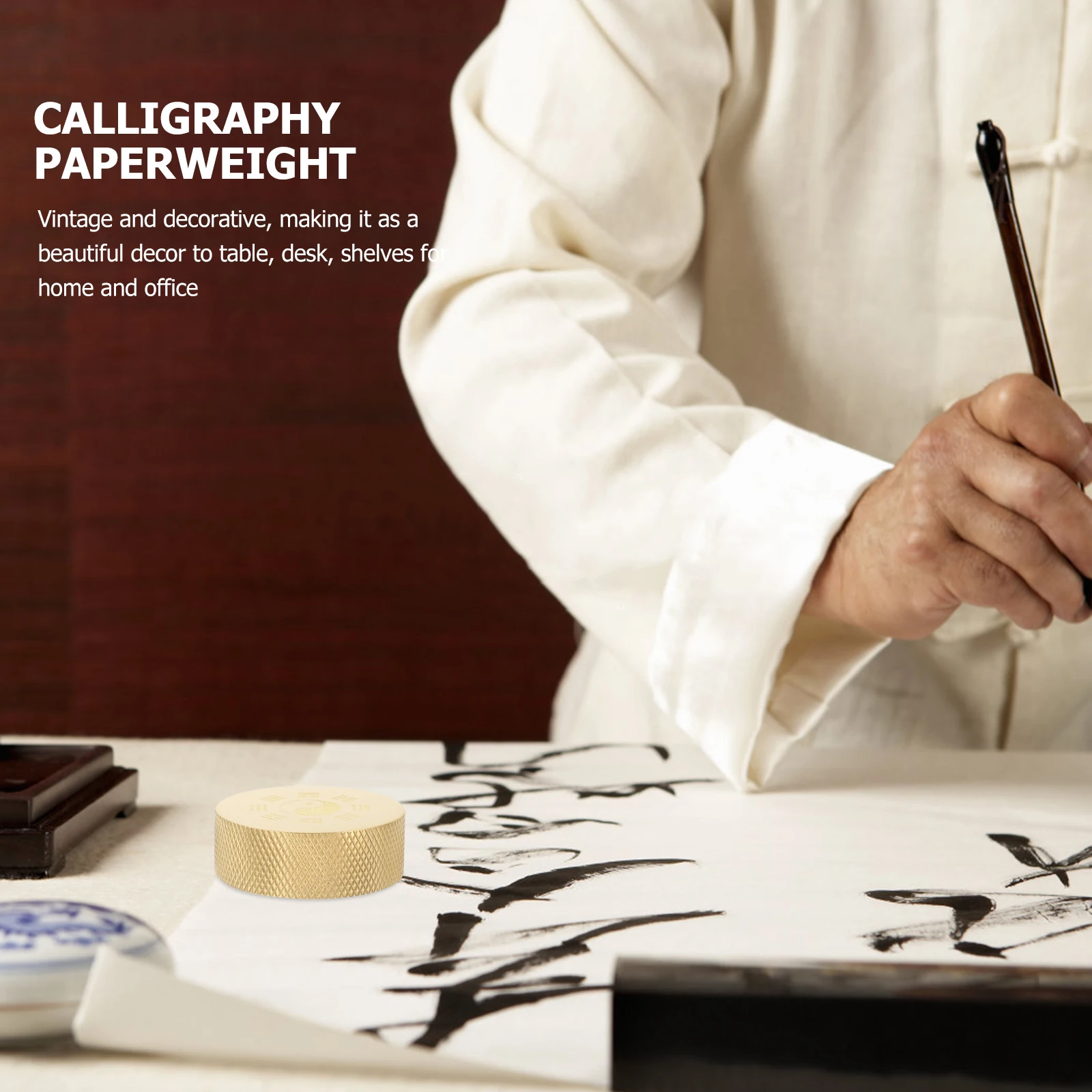 

Copper Chinese Calligraphy Paperweight Round Smooth Surface Solid Metal Desktop Decor Office Study Room Paperweight Ornament