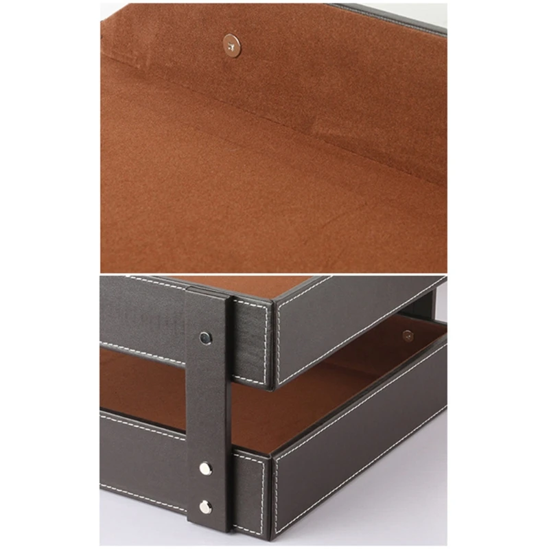 Document File Tray Double Layers Desk PU Leather Paper Holder Rack