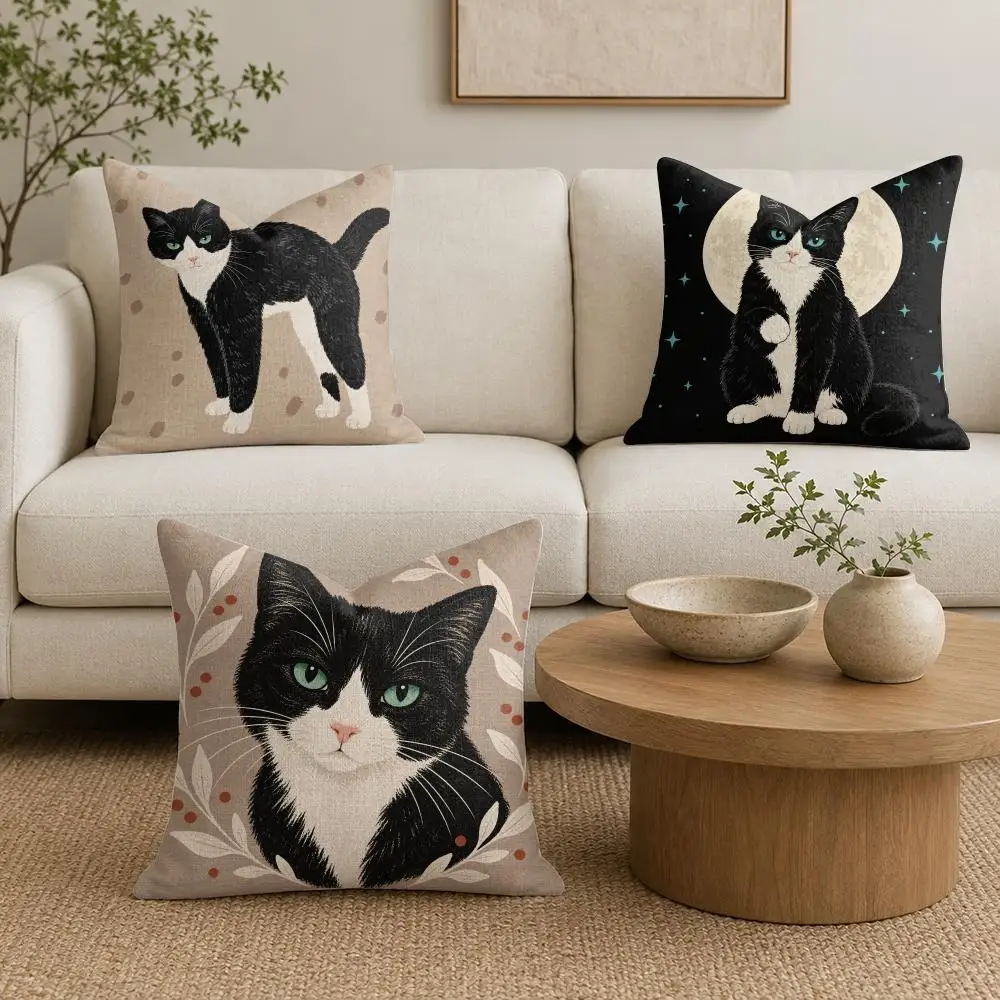 Tuxedo Cat Cushion Cover Organic Linen Throw Pillow Cover - Double-Sided Print Breathable Cushion Case Home Decor