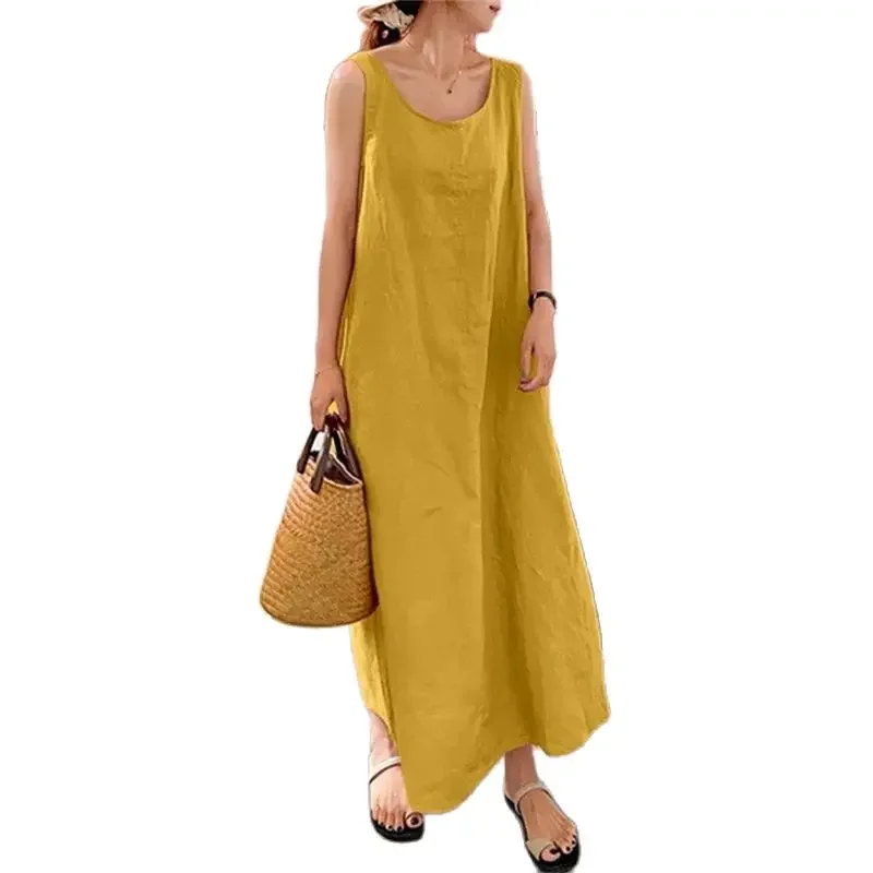 Summer Sleeveless Cotton Linen Loose Dresses Women Solid Color O Neck Pullover Dress Female Simple Style Casual Side Pocket Gown