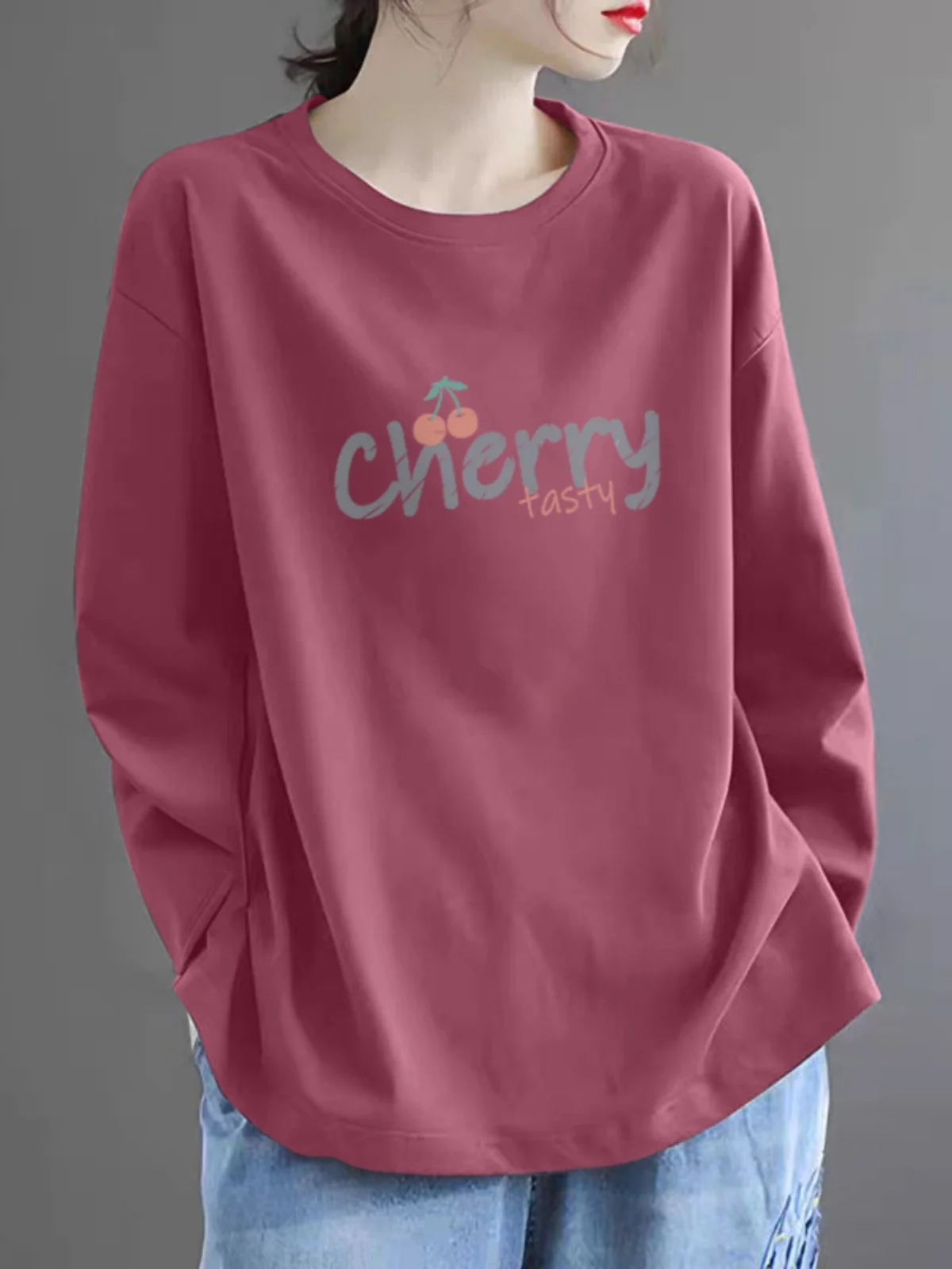 100% Pure Cotton Long Sleeve Casual T-Shirt Women's Autumn Winter Slimming Loose High-End Base Layer Top Fashionable Comfortable