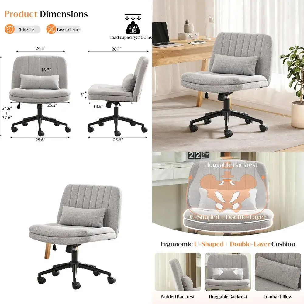 

Эргономичное офисное кресло на колесиках с двойным мягким сиденьем, регулируемое, для дома или офиса (серое)