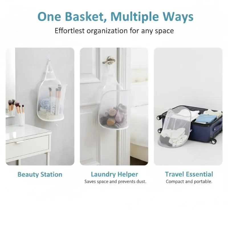 Collapsible Foldable Mesh Laundry Hamper Hanging Portable Design Large Capacity Dirty Clothes Basket for Bathroom Home