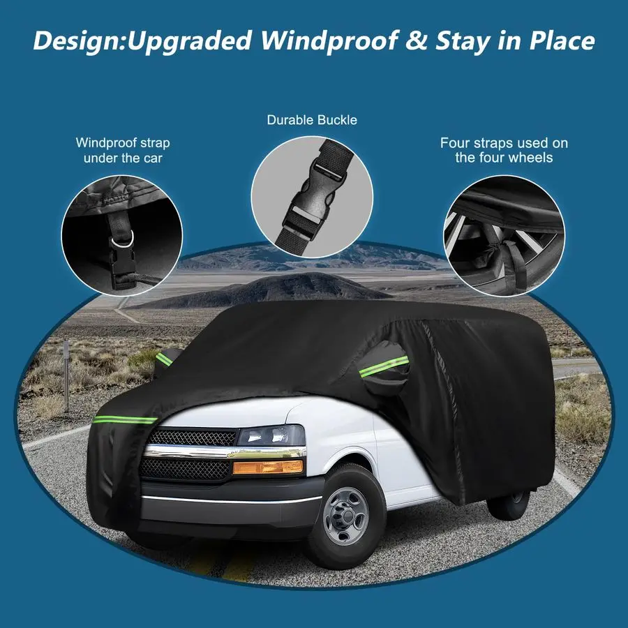 غطاء لـ Express Van GMC Savana Cargo Van 1500 2500 3500 19962025 SWB، 420D حماية من حرارة الشمس في الهواء الطلق أغطية سيارة كاملة مع Dr #3