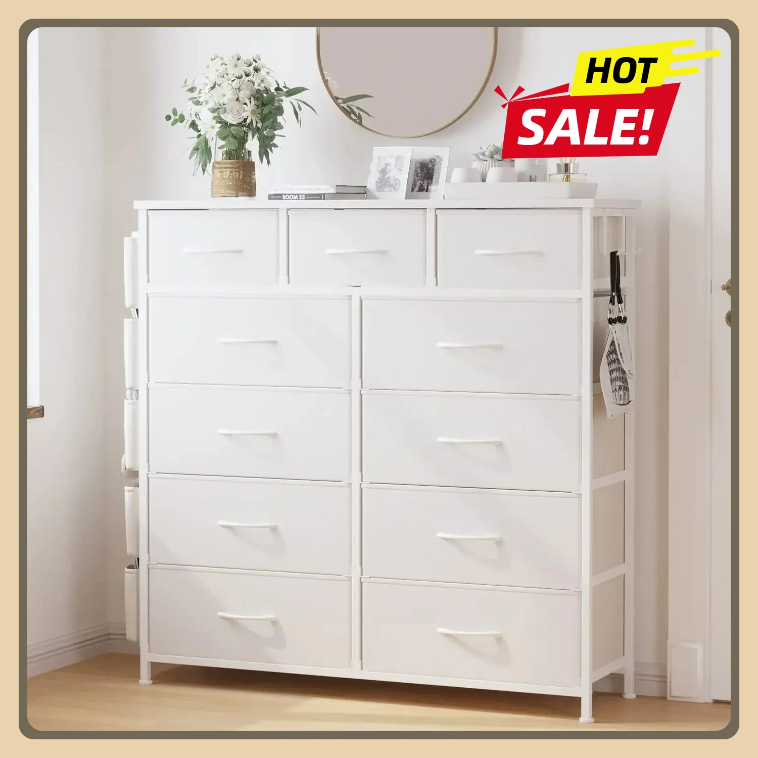 

Dresser for Bedroom, Dressers & Chests of Drawers with Side Pockets, Hooks, Fabric Storage Drawer, Steel Frame with 11 Drawer