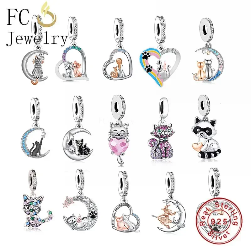 FC takı Fit orijinal Charm bilezik 925 gümüş karikatür melek siyah kedi oturan Kittly boncuk yapmak için Pet Lover Berloque DIY