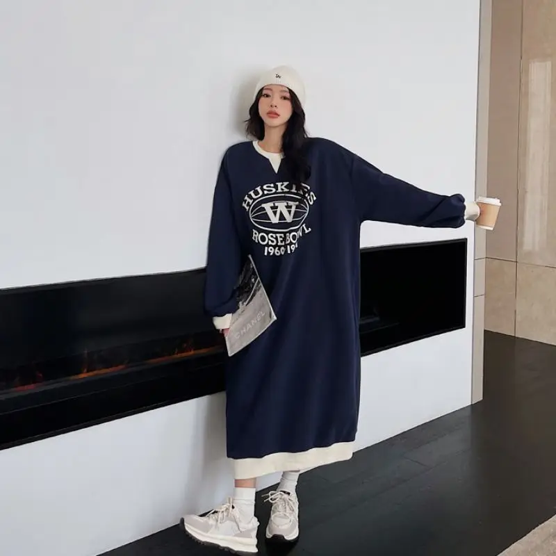 New Autumn and Winter Fashionable Printed Patchwork Hoodie Long Loose and Slimming Dress