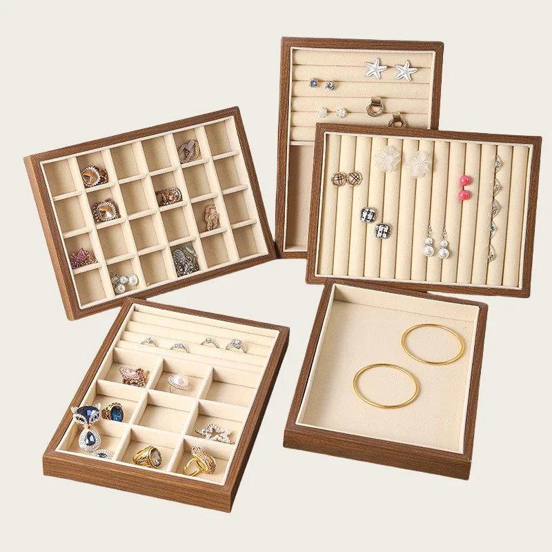 Walnut Wooden Jewelry Tray Organizer with Velvet Lining - Jewelry Storage & Display Tray for Rings, Earrings, Bracelets, Watches