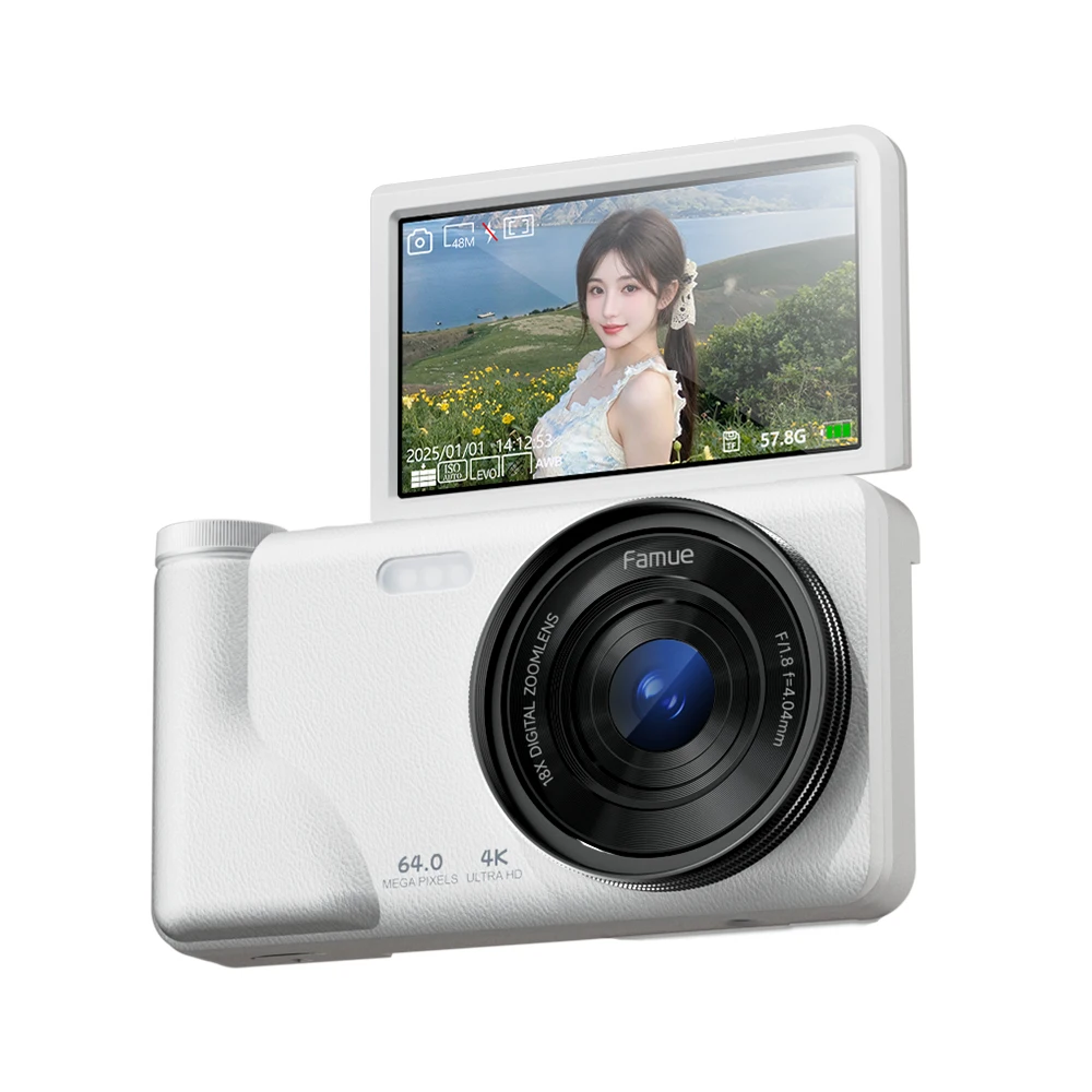 64G Famue FC02 64MP Student Digital Camera - 4K Video, 18X Optical Zoom, CCD Sensor, Beauty Mode, Li-Battery, Perfect Gift White