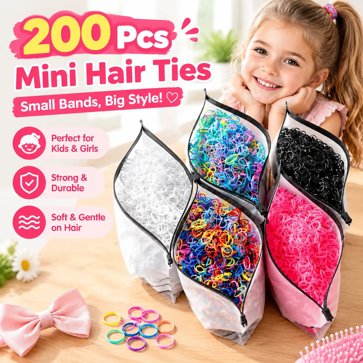 200 Pcs Mini Disposable Rubber Bands Small Hair Ties for Kids Girls Ponytails Daily Hairstyles