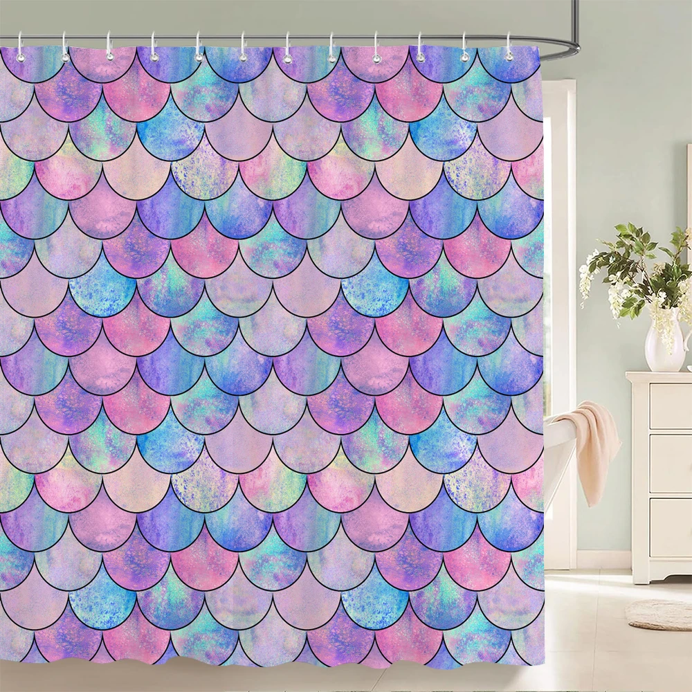 

Colorful Fish Scale Waves Geometric Shower Curtains 3D Printed Waterproof Fabric With Hooks Home Decor Bathroom Curtain