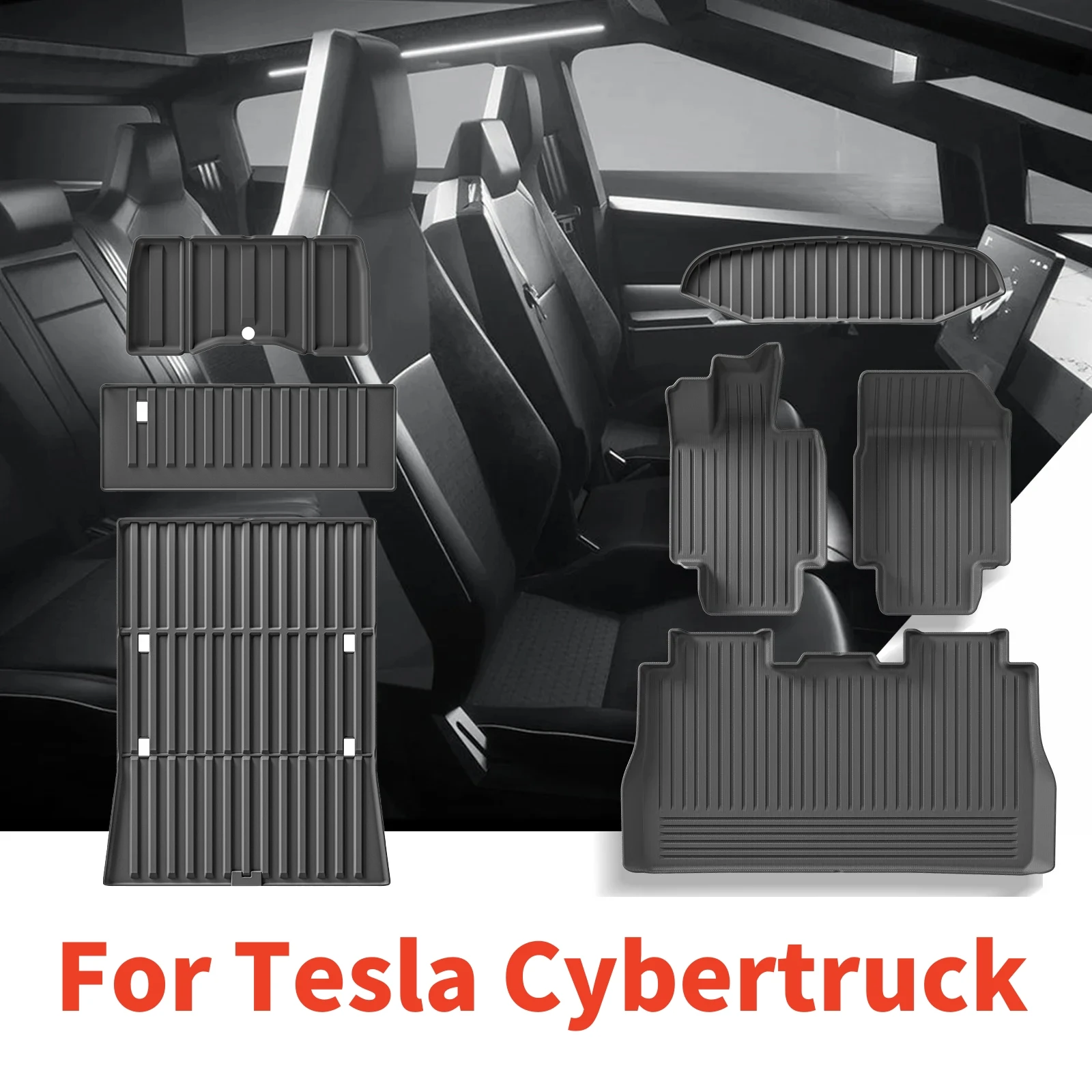 

For Tesla Cybertruck 2024 TPE Floor Mats and Cargo Liners, All Weather Waterproof Front Rear Trunk Cargo Liner Mat