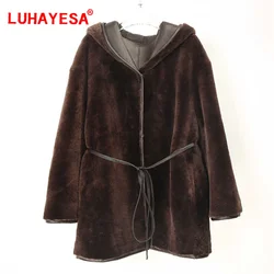 2024 Loman Merino Sheepskin Shearling Fur Coat Women Winter Medium Long Hooded Real Fur Jacket