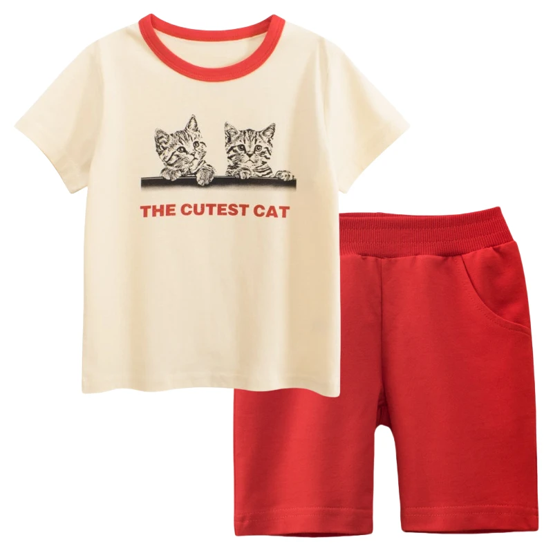 

Kids Clothes Set 2025 Summer New Children's Short Sleeve Cartoon Cat T-Shirt + Beach Shorts Letter Girls Outfit 2PCS