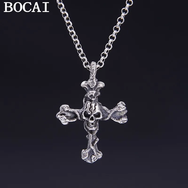 

BOCAI НОВЫЙ кулон из стерлингового серебра S925 в винтажном стиле с крестом и черепом в виде виноградной лозы