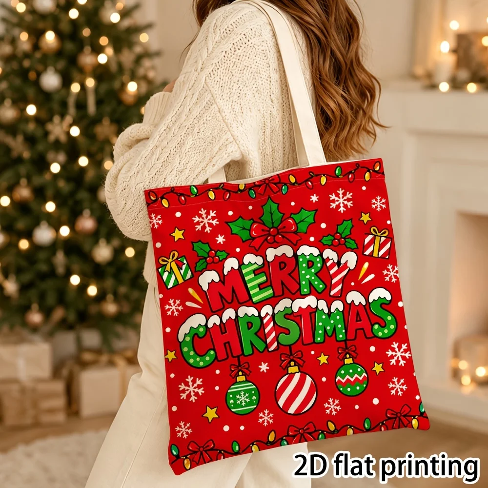 Merry Christmas Canvas Tote Bag Red Background Xmas Balls Holly Snowflakes Gift Box Reusable Shopping Handbag Holiday Gift