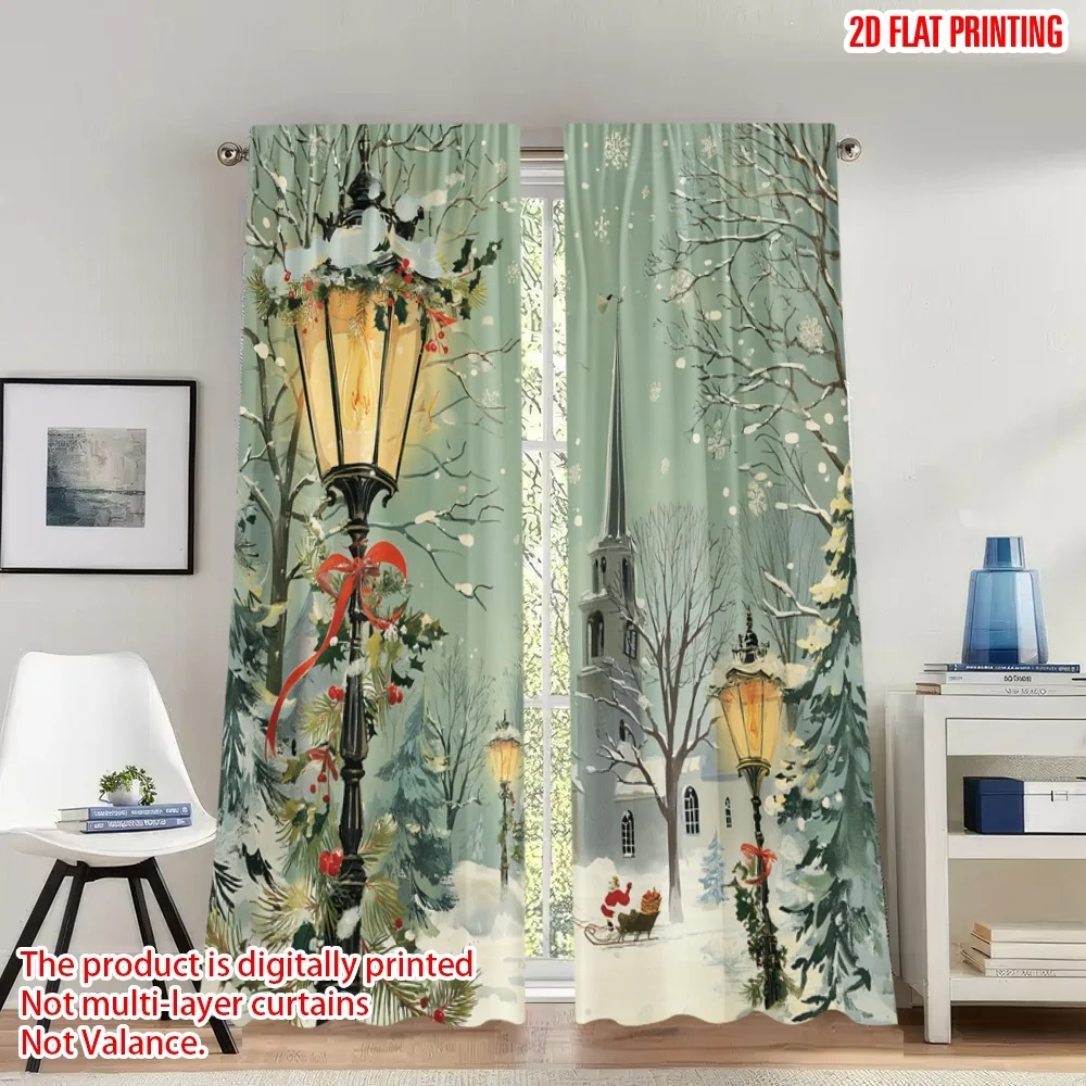 

2pcs 2D flat printing Fashionable Christmas Curtains Christmas Snowy Church Street Lamp Digital Printed Polyester Drapes Festive