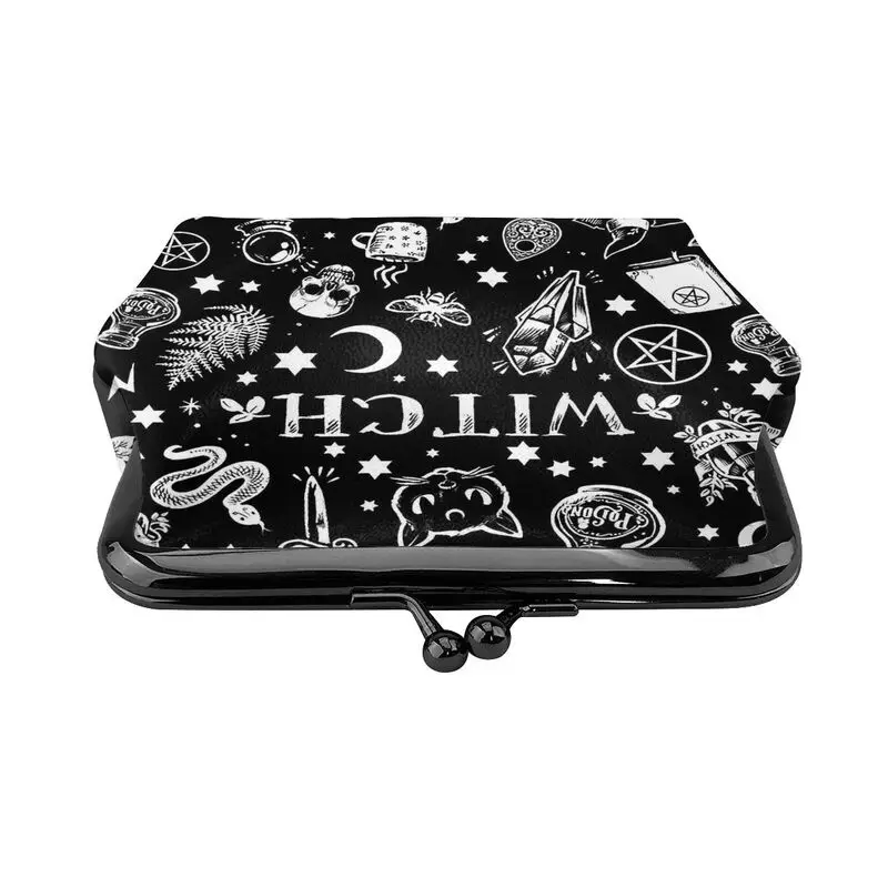 Black Witch Skull Moon Divination Leather Coin Purse Women Portable Small Kiss-Lock Change Pouch Closure Buckle Wallet