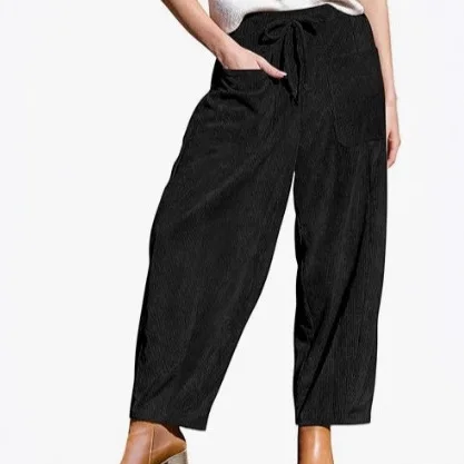 Women's Corduroy Pants  Loose Wide Leg Pants  Casual Elastic Waistband  Haren Pants with Pockets