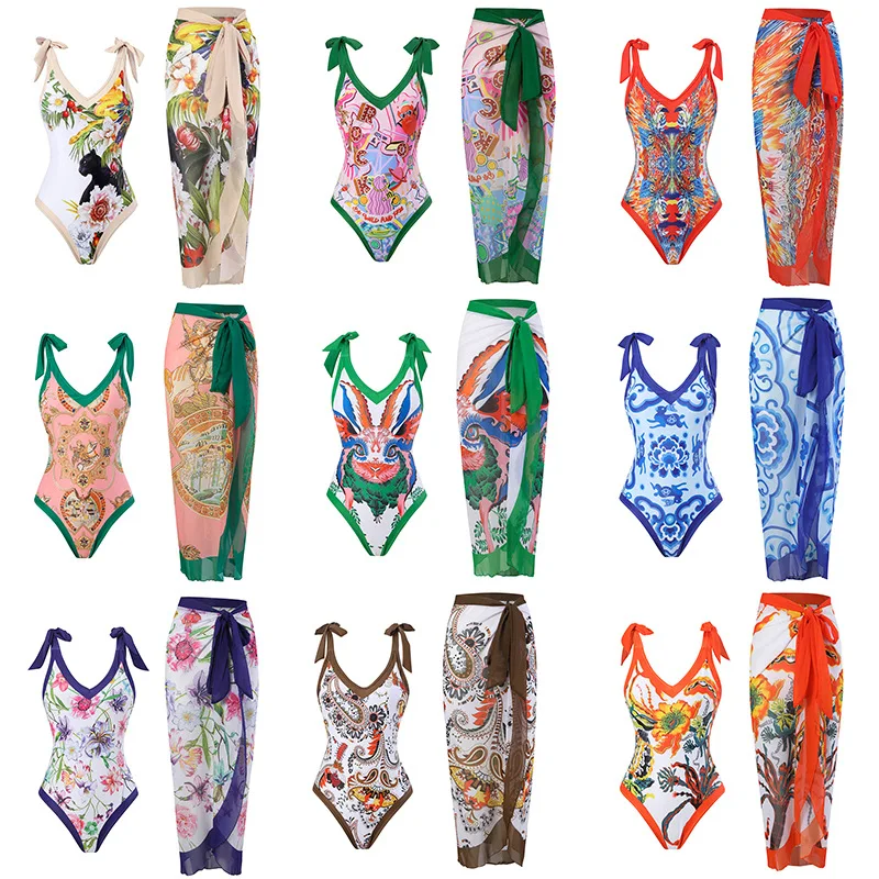 

Floral Print Two Pieces Swimsuit with Skirt Women Retro Holiday Bowknot Swimwear Monokini Beach Dress Cover Up Bathing Suit